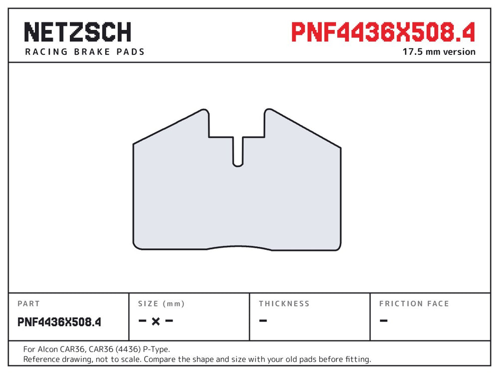 NETZSCH Alcon PNF4436X508.4 brake pad drawing, 17.5 mm thick