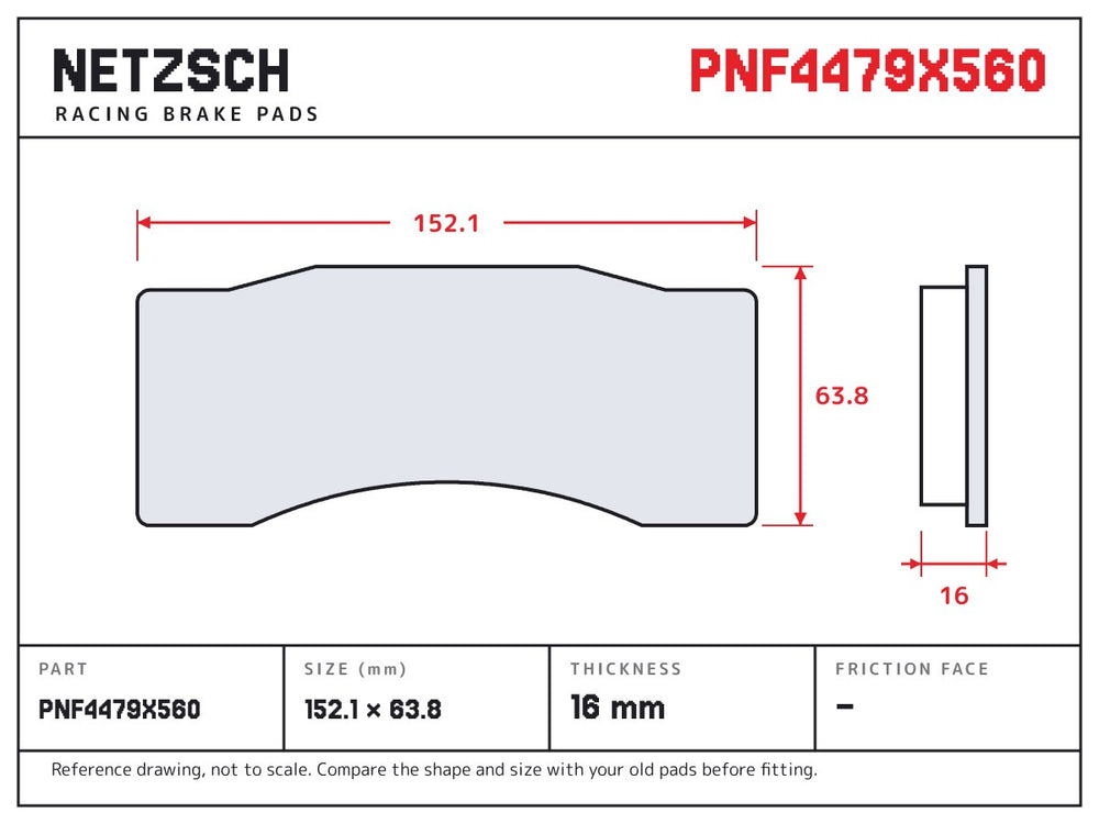 NETZSCH Alcon PNF4479X560 brake pad drawing, 16 mm thick