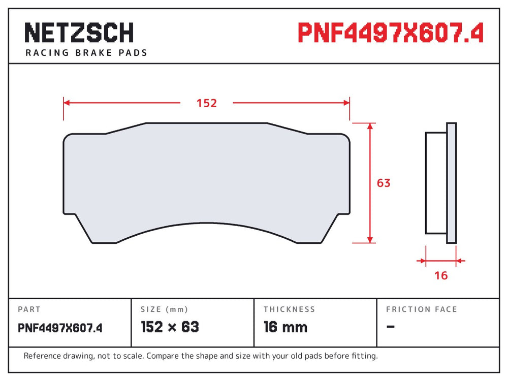 NETZSCH Alcon PNF4497X607.4 brake pad drawing, 16 mm thick