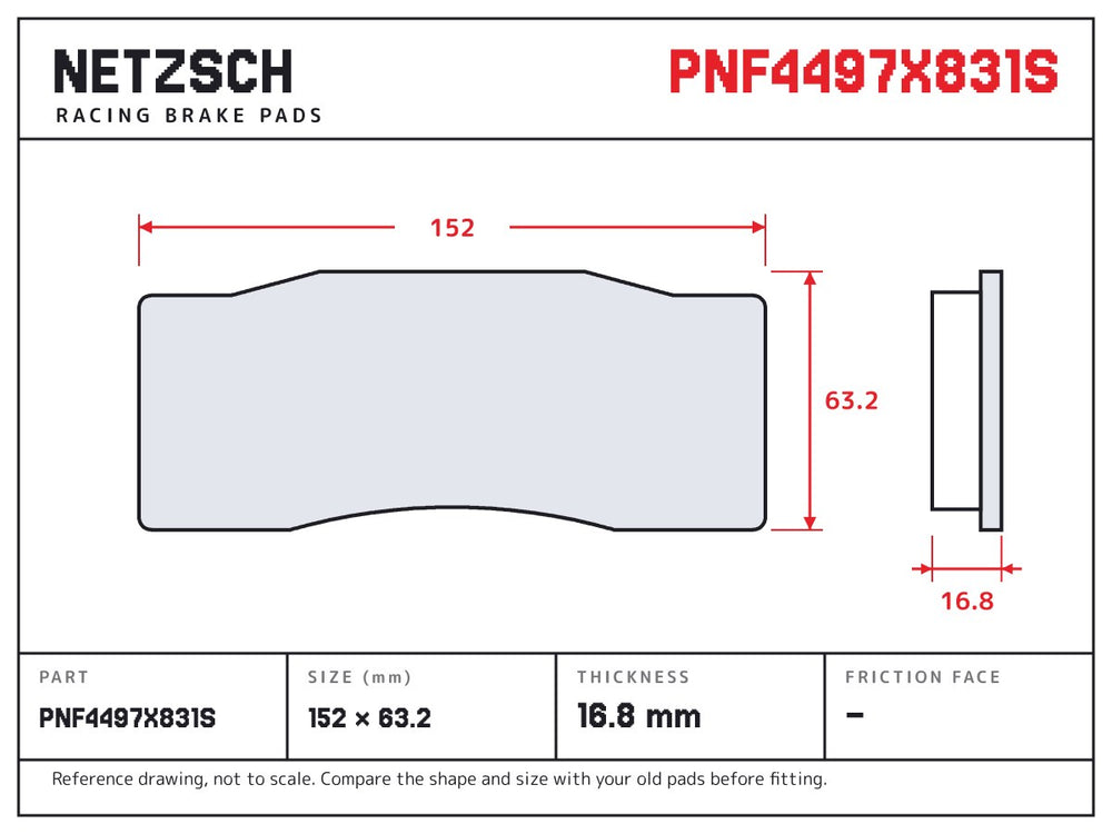 NETZSCH Alcon PNF4497X831S brake pad drawing, 16.8 mm thick