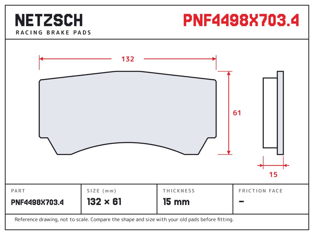 NETZSCH Alcon PNF4498X703.4 brake pad drawing, 15 mm thick