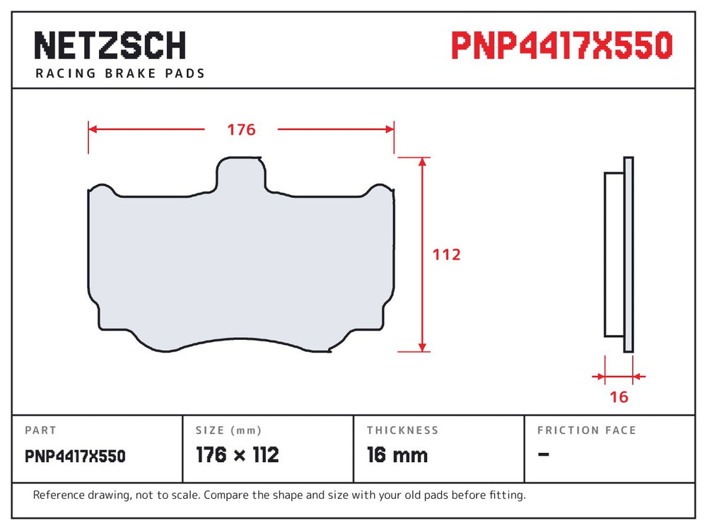NETZSCH Alcon PNP4417X550 brake pad drawing, 16 mm thick