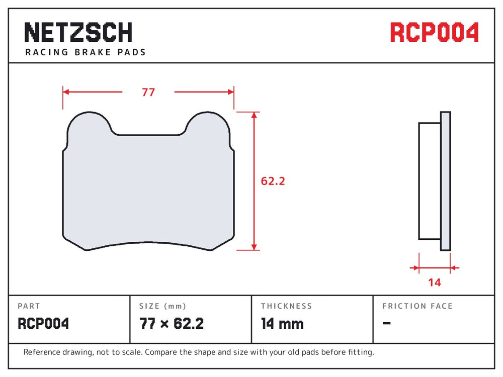 NETZSCH Endless RCP004 brake pad drawing, 14 mm thick