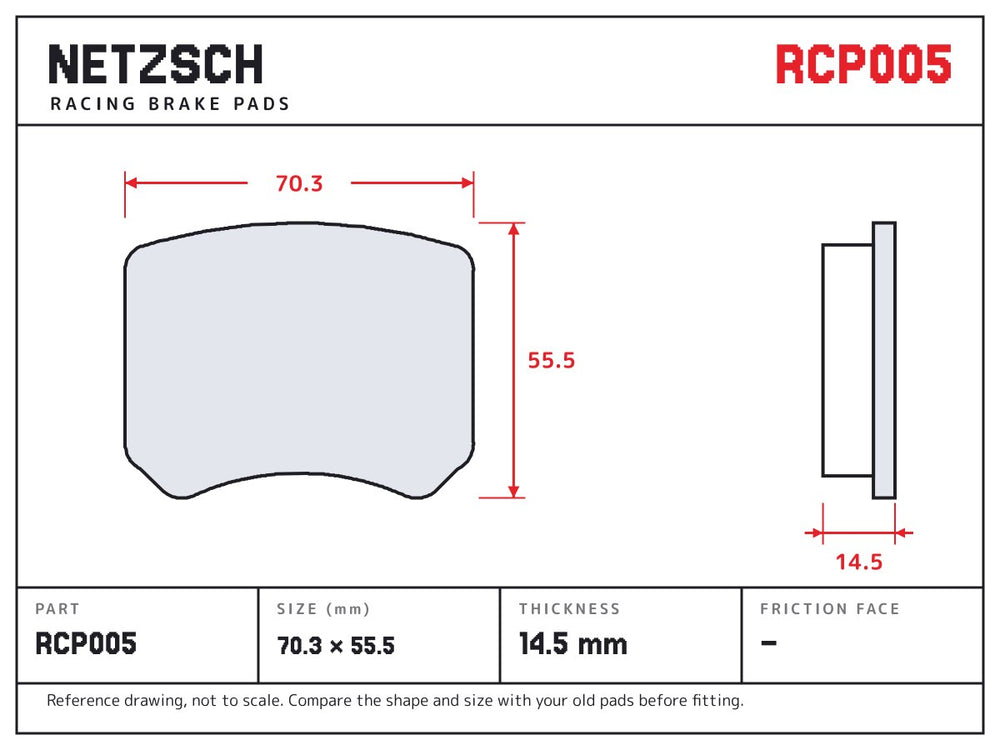NETZSCH Endless RCP005 brake pad drawing, 14.5 mm thick