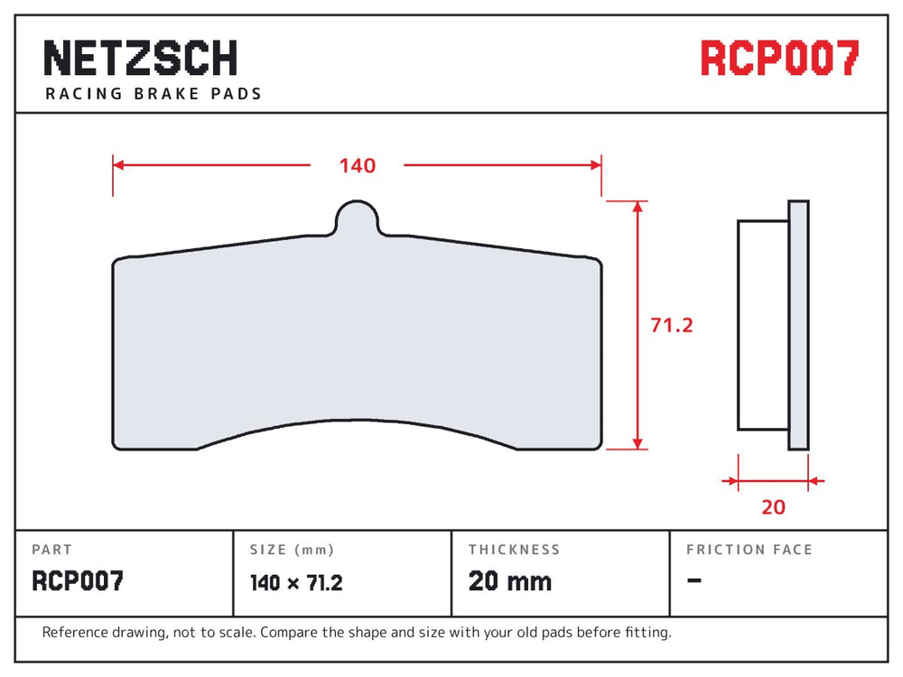 NETZSCH Endless RCP007 brake pad drawing, 20 mm thick