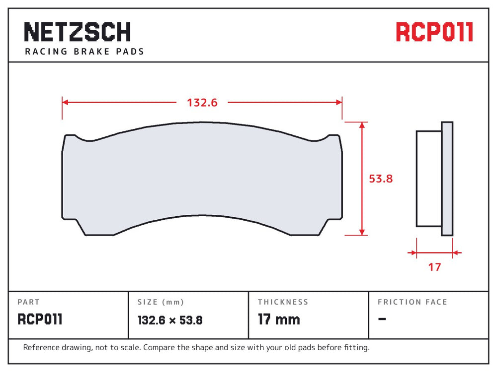 NETZSCH Endless RCP011 brake pad drawing, 17 mm thick