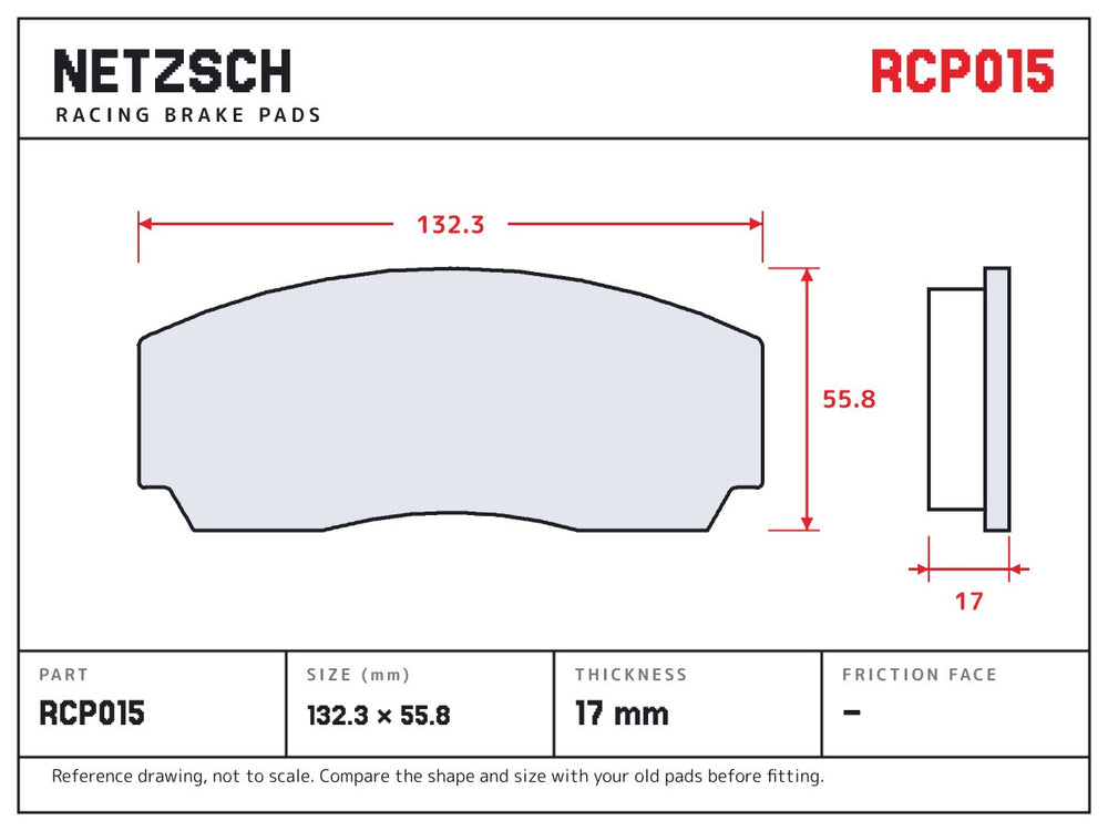 NETZSCH Endless RCP015 brake pad drawing, 17 mm thick