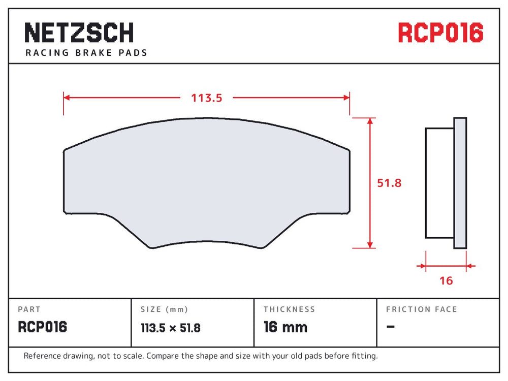 NETZSCH Endless RCP016 brake pad drawing, 16 mm thick