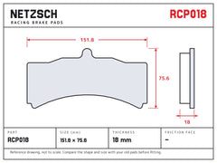 NETZSCH Endless RCP018 brake pad drawing, 18 mm thick