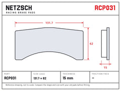 NETZSCH Endless RCP031 brake pad drawing, 15 mm thick