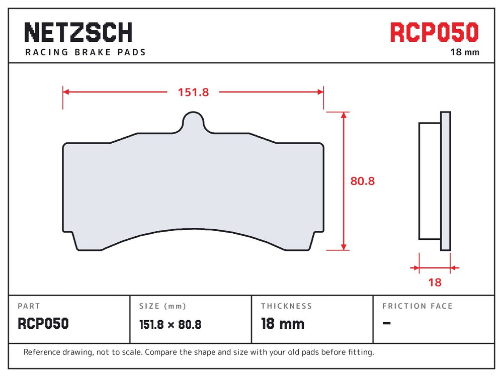 NETZSCH Endless RCP050 brake pad drawing, 18 mm thick