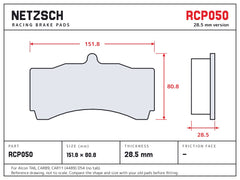 NETZSCH Endless RCP050 brake pad drawing, 28.5 mm thick