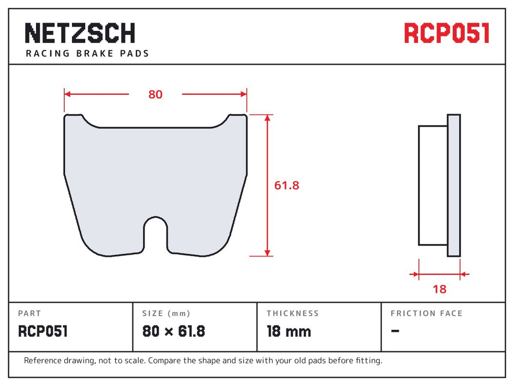NETZSCH Endless RCP051 brake pad drawing, 18 mm thick