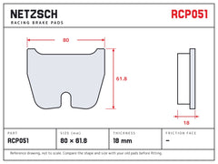 NETZSCH Endless RCP051 brake pad drawing, 18 mm thick