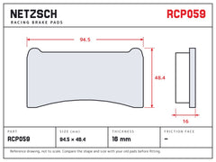 NETZSCH Endless RCP059 brake pad drawing, 16 mm thick