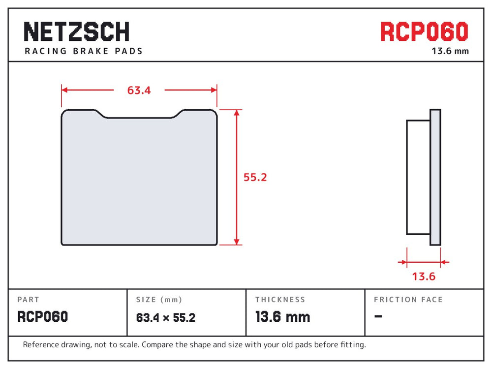 NETZSCH Endless RCP060 brake pad drawing, 13.6 mm thick
