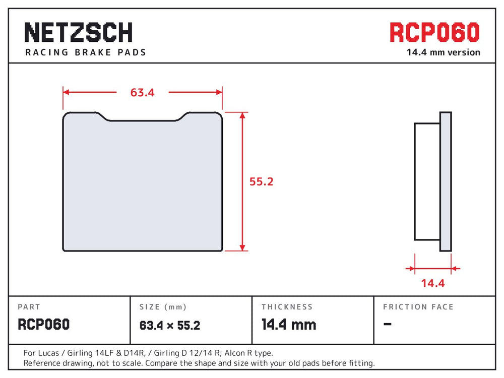 NETZSCH Endless RCP060 brake pad drawing, 14.4 mm thick