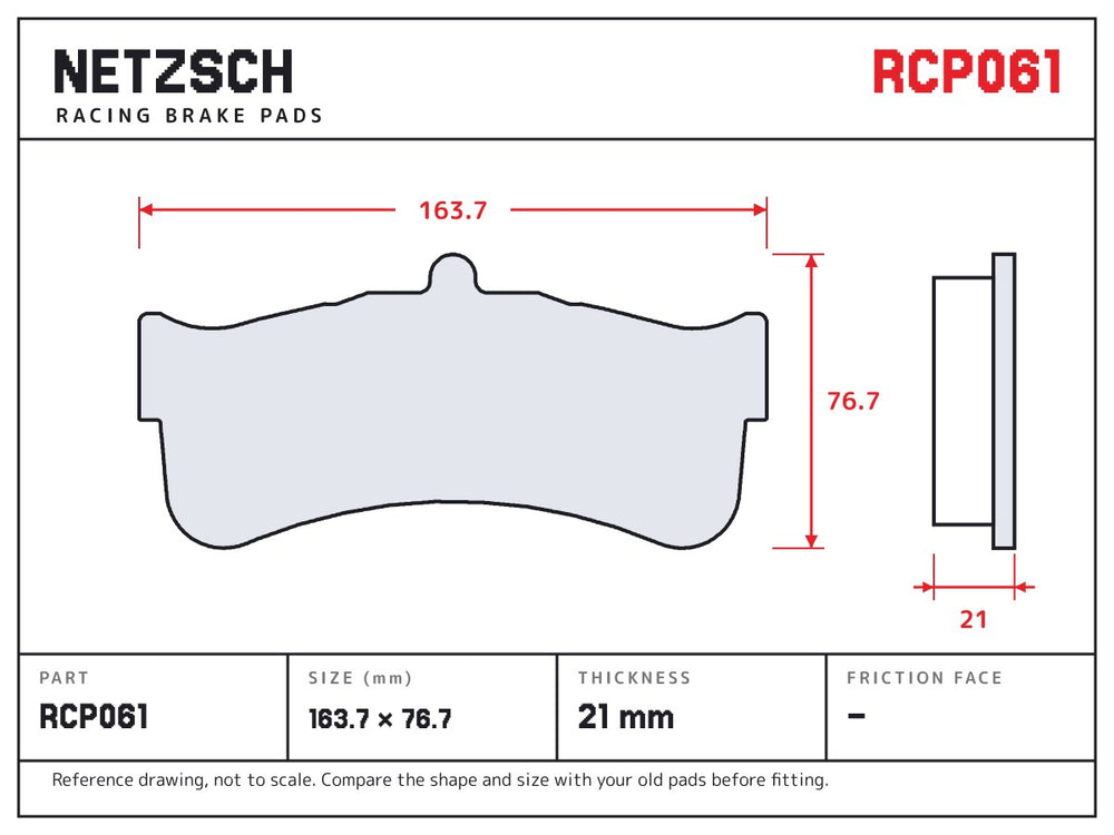 NETZSCH Endless RCP061 brake pad drawing, 21 mm thick