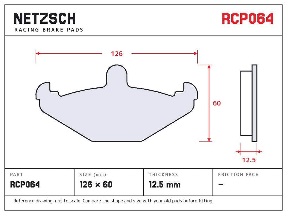 NETZSCH Endless RCP064 brake pad drawing, 12.5 mm thick