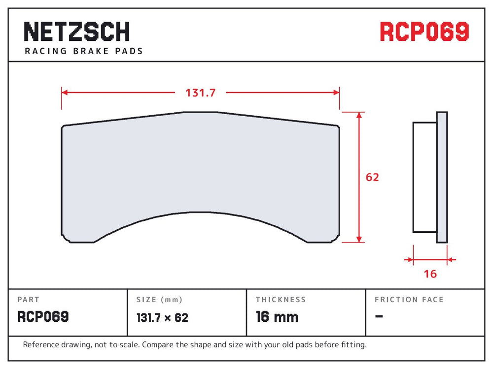 NETZSCH Endless RCP069 brake pad drawing, 16 mm thick