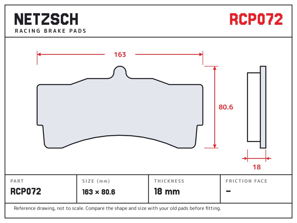 NETZSCH Endless RCP072 brake pad drawing, 18 mm thick