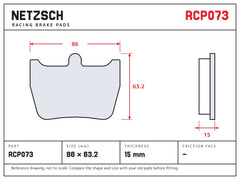 NETZSCH Endless RCP073 brake pad drawing, 15 mm thick