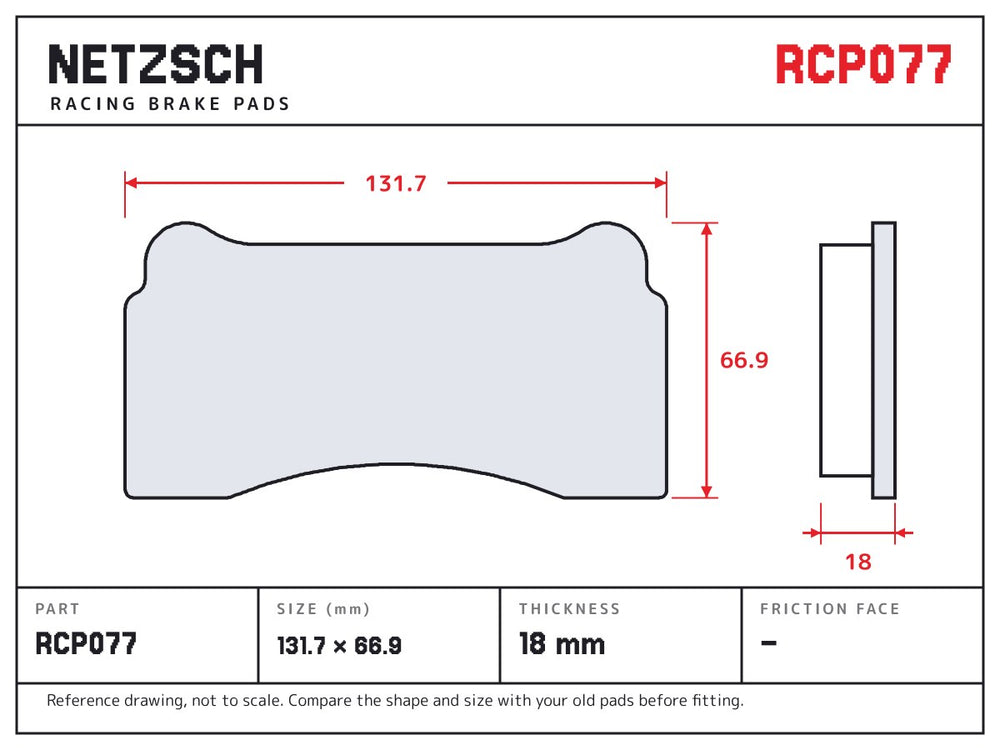 NETZSCH Endless RCP077 brake pad drawing, 18 mm thick