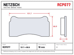 NETZSCH Endless RCP077 brake pad drawing, 18 mm thick