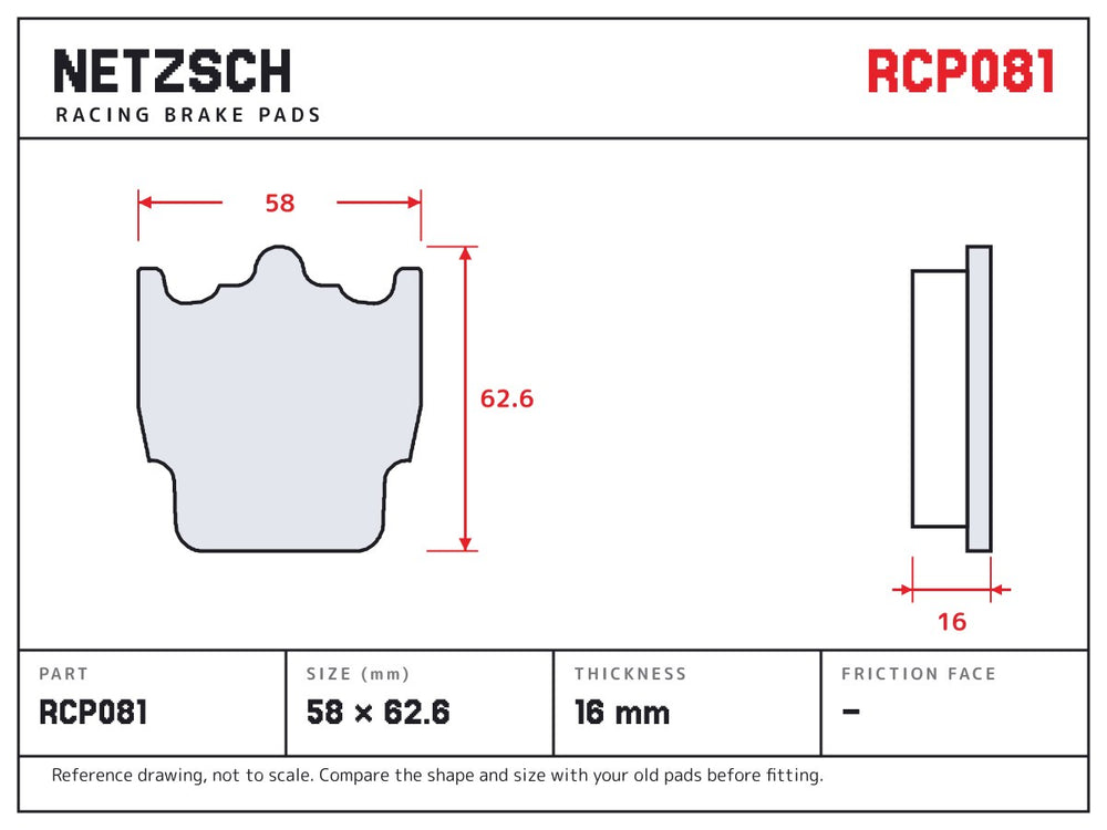 NETZSCH Endless RCP081 brake pad drawing, 16 mm thick