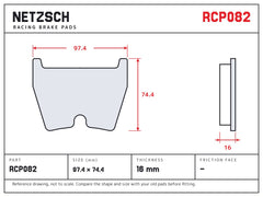 NETZSCH Endless RCP082 brake pad drawing, 16 mm thick