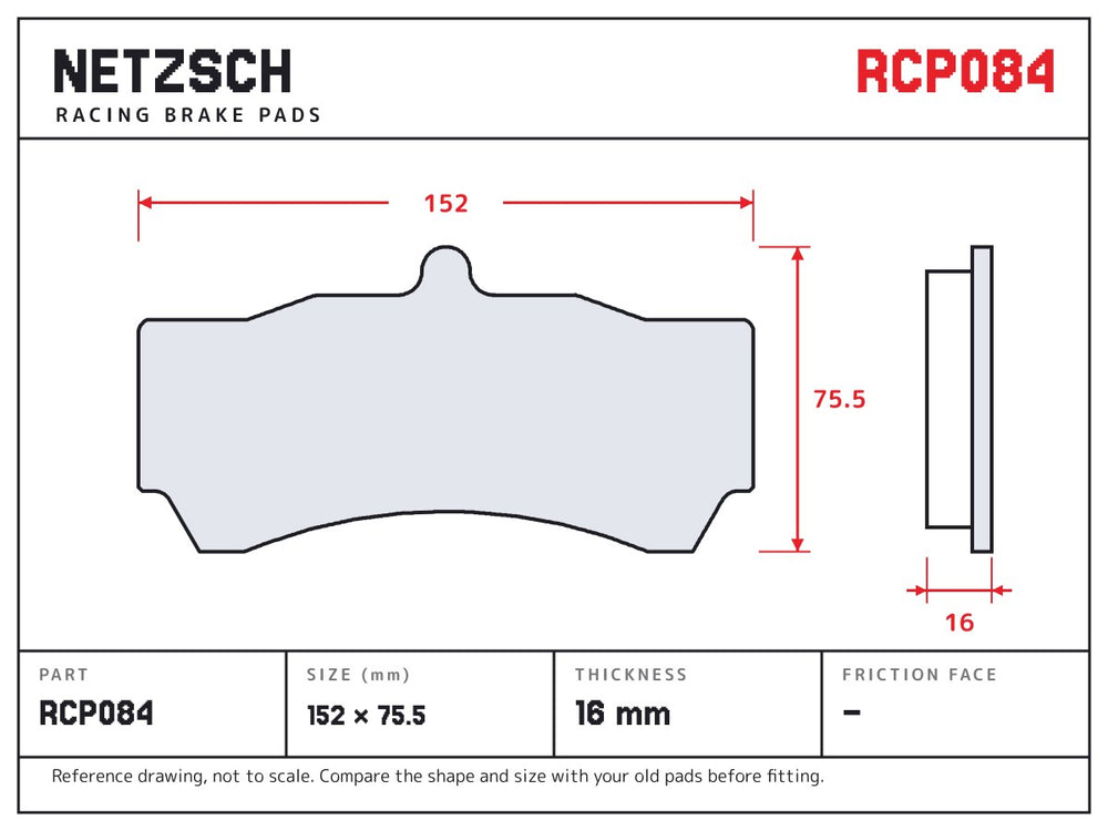 NETZSCH Endless RCP084 brake pad drawing, 16 mm thick