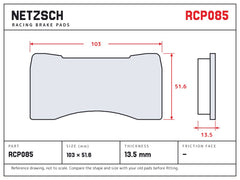 NETZSCH Endless RCP085 brake pad drawing, 13.5 mm thick