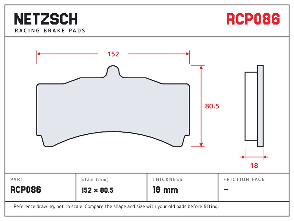 NETZSCH Endless RCP086 brake pad drawing, 18 mm thick