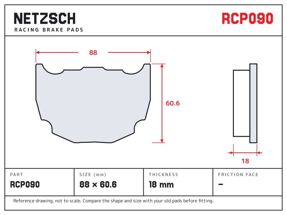 NETZSCH Endless RCP090 brake pad drawing, 18 mm thick