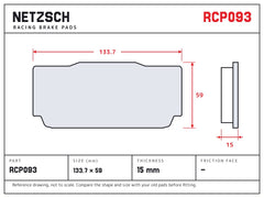 NETZSCH Endless RCP093 brake pad drawing, 15 mm thick