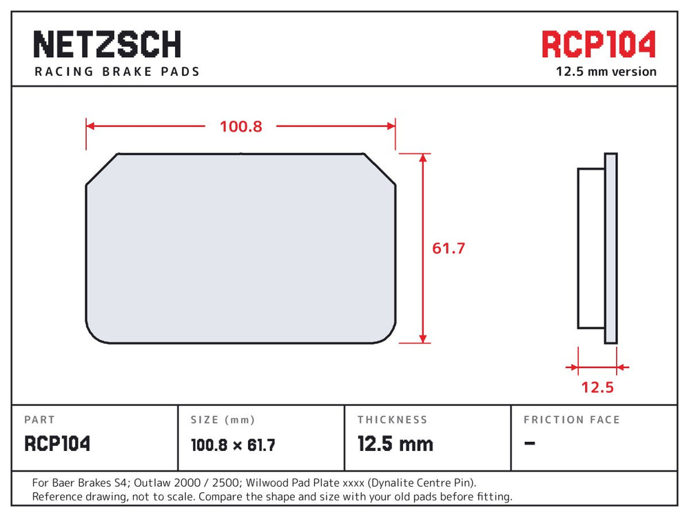 NETZSCH Endless RCP104 brake pad drawing, 12.5 mm thick