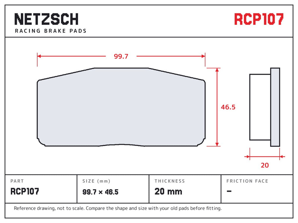 NETZSCH Endless RCP107 brake pad drawing, 20 mm thick