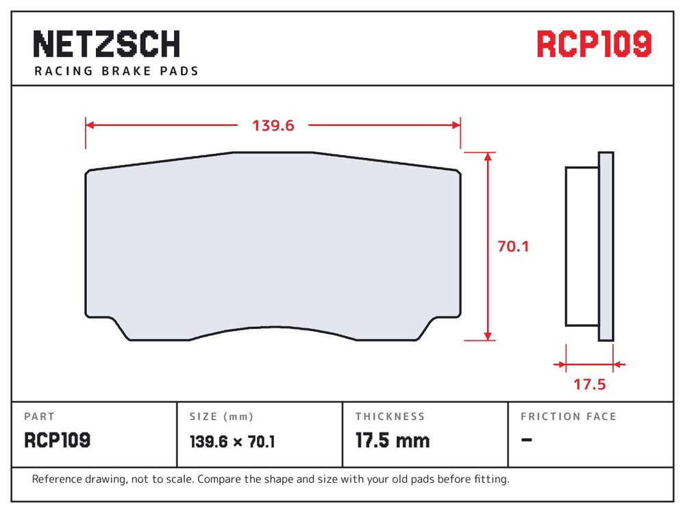 NETZSCH Endless RCP109 brake pad drawing, 17.5 mm thick