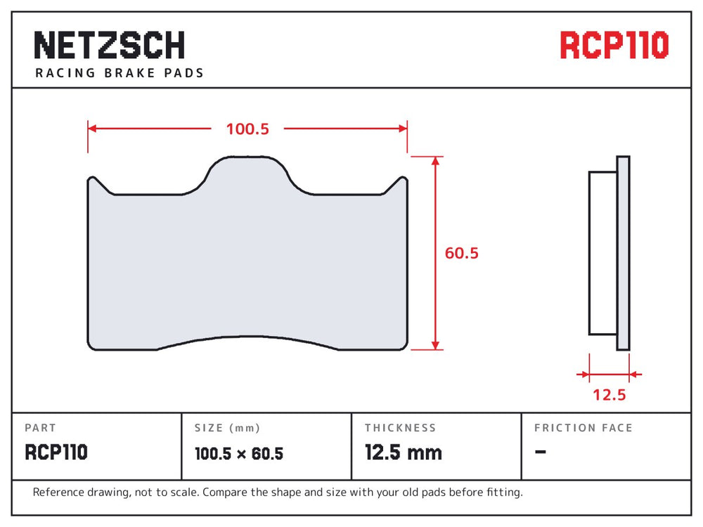 NETZSCH Endless RCP110 brake pad drawing, 12.5 mm thick