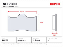 NETZSCH Endless RCP110 brake pad drawing, 12.5 mm thick