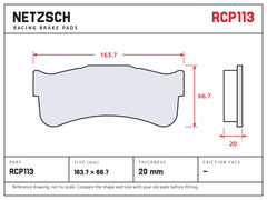 NETZSCH Endless RCP113 brake pad drawing, 20 mm thick