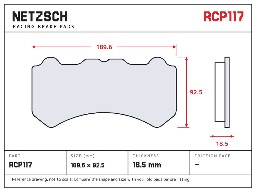 NETZSCH Endless RCP117 brake pad drawing, 18.5 mm thick