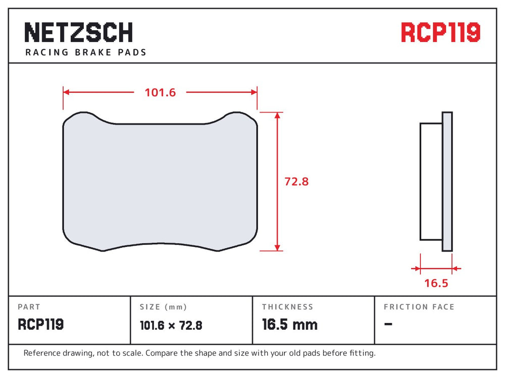 NETZSCH Endless RCP119 brake pad drawing, 16.5 mm thick