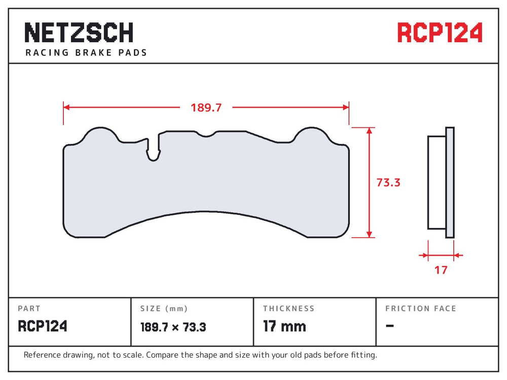 NETZSCH Endless RCP124 brake pad drawing, 17 mm thick