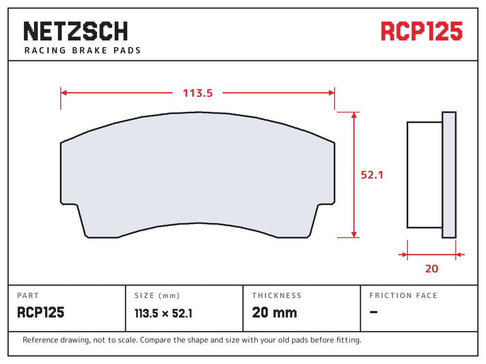 NETZSCH Endless RCP125 brake pad drawing, 20 mm thick