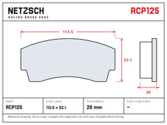 NETZSCH Endless RCP125 brake pad drawing, 20 mm thick