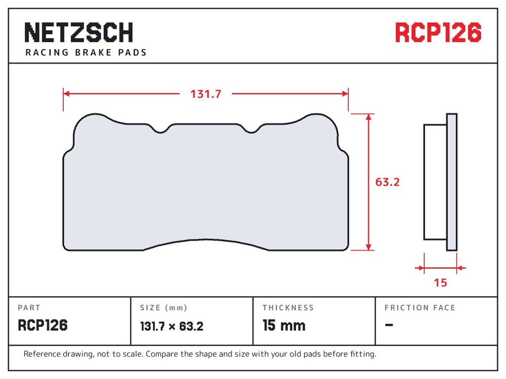 NETZSCH Endless RCP126 brake pad drawing, 15 mm thick