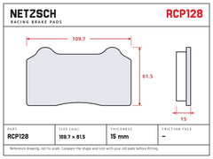 NETZSCH Endless RCP128 brake pad drawing, 15 mm thick