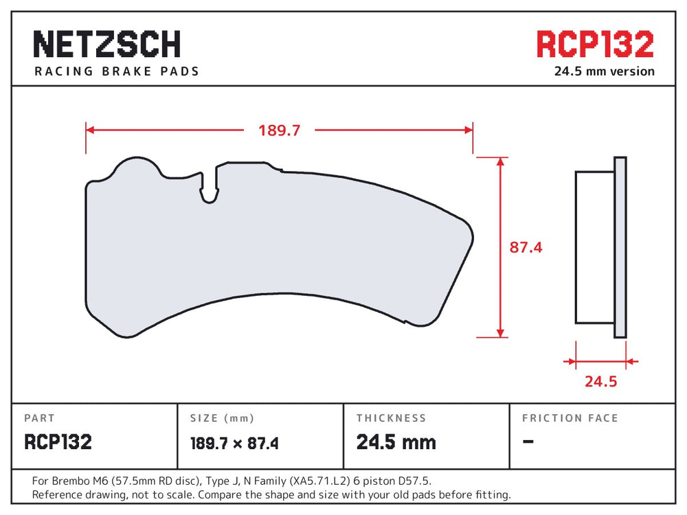 NETZSCH Endless RCP132 brake pad drawing, 24.5 mm thick