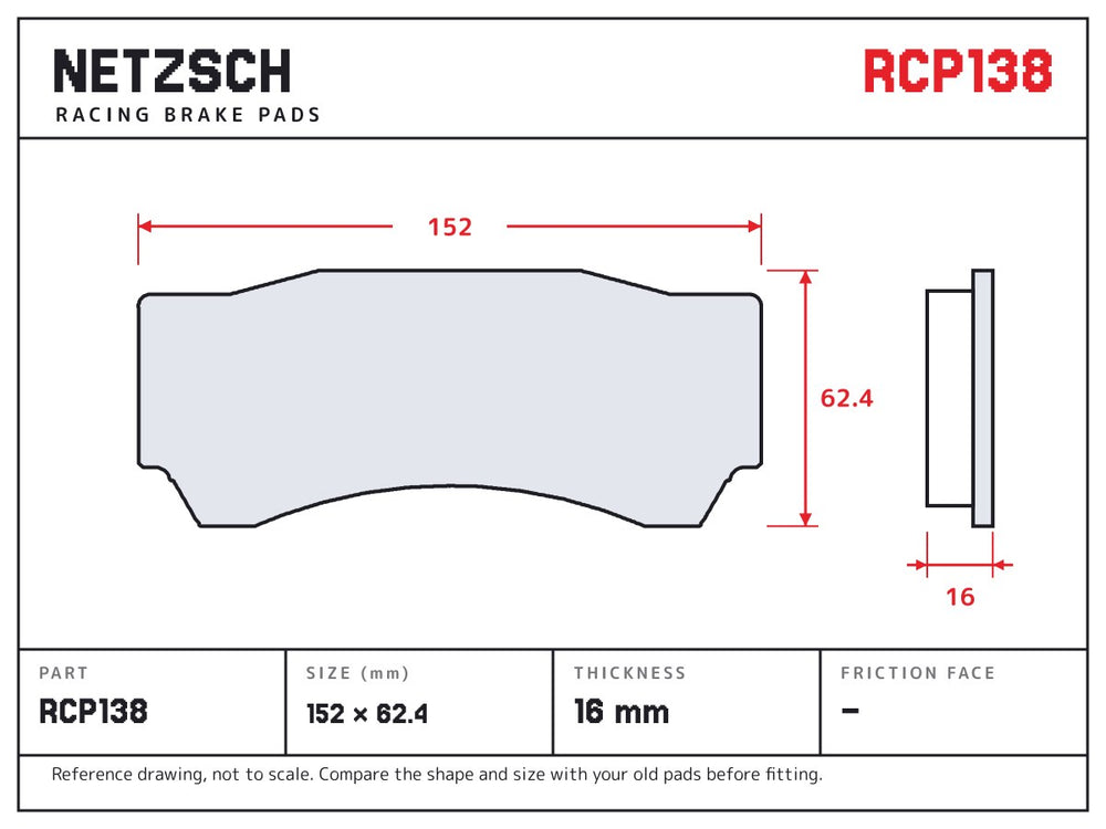 NETZSCH Endless RCP138 brake pad drawing, 16 mm thick